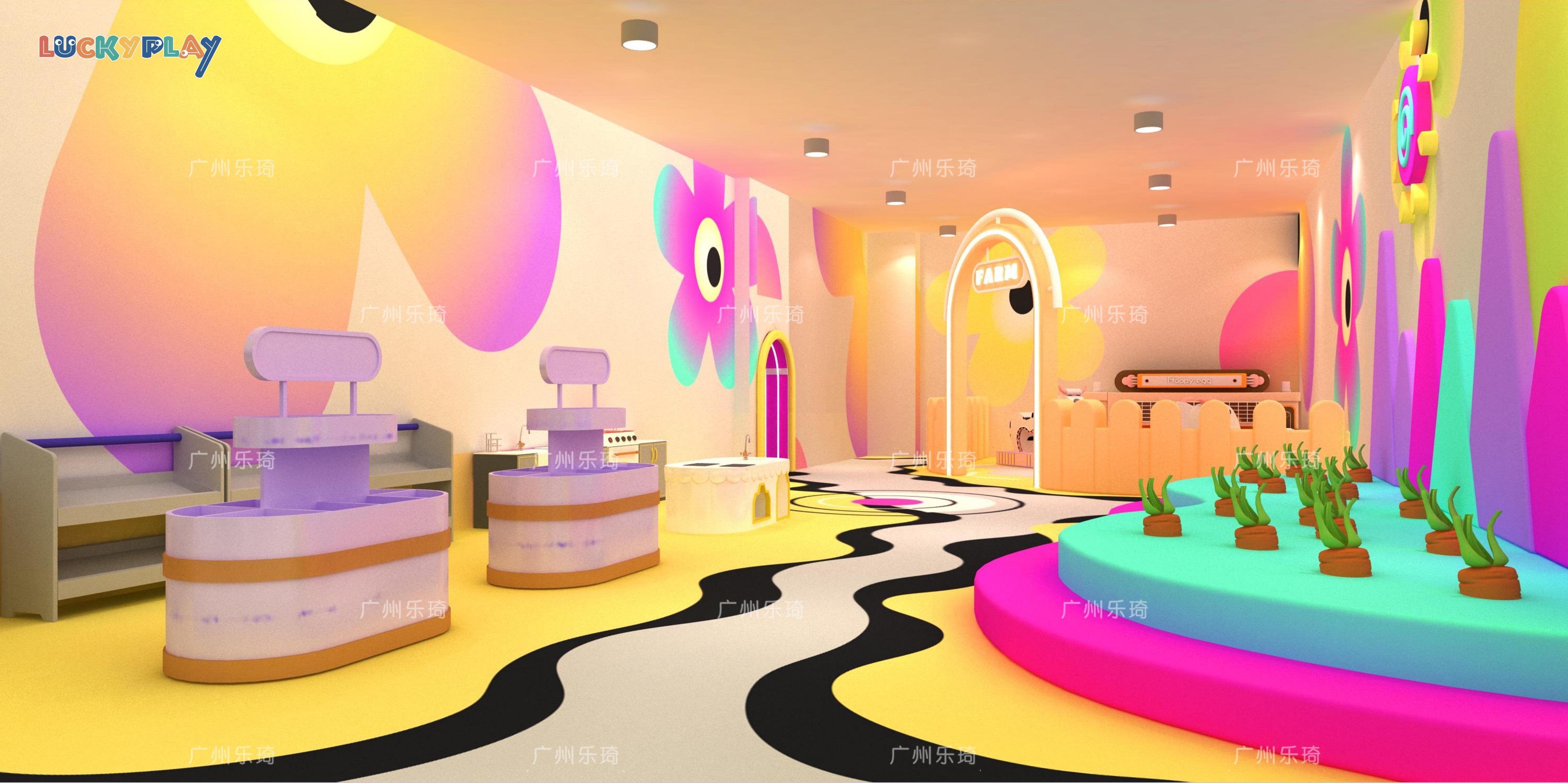 Farm Theme Role Play Indoor Playground with Mini Barn Market Stations and Interactive Soft Play