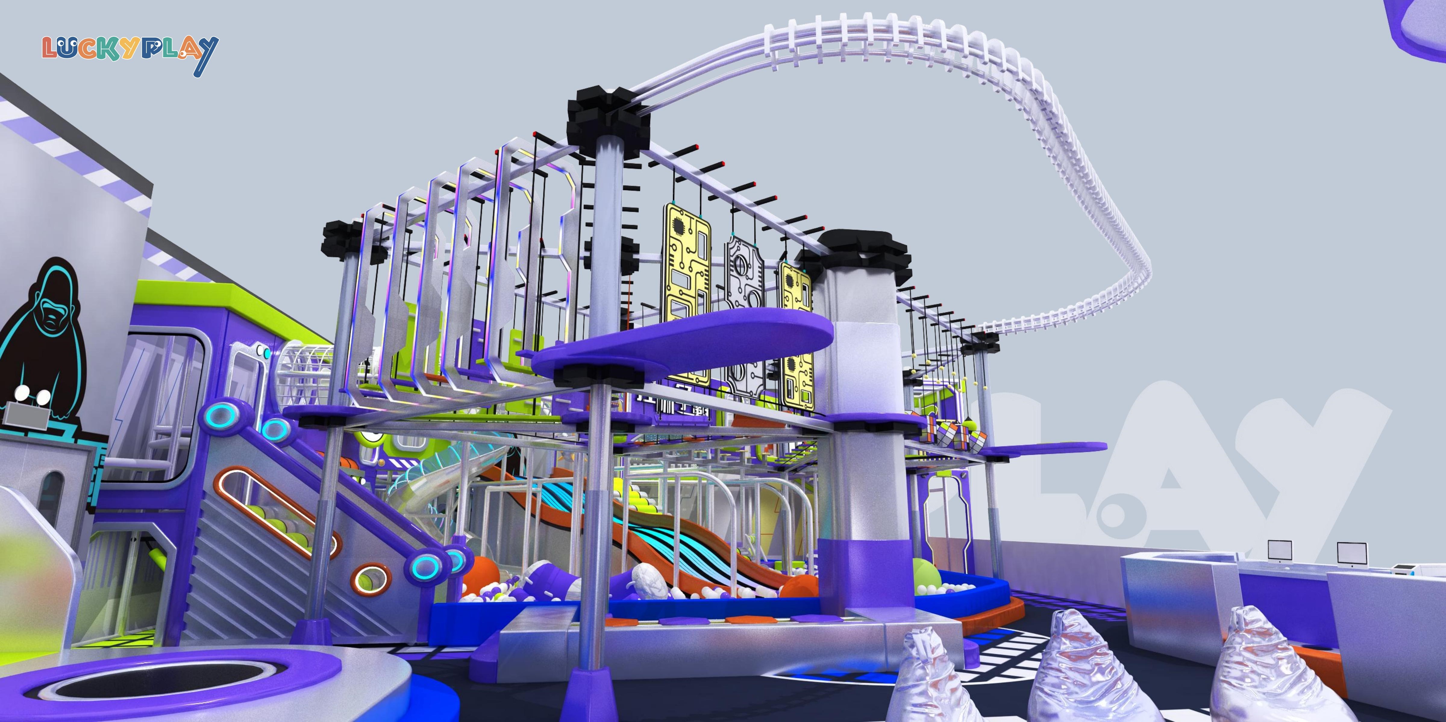 Adventure Challenge Indoor Playground with High Rope Courses Climbing Towers and Multi Level Soft Play Zones