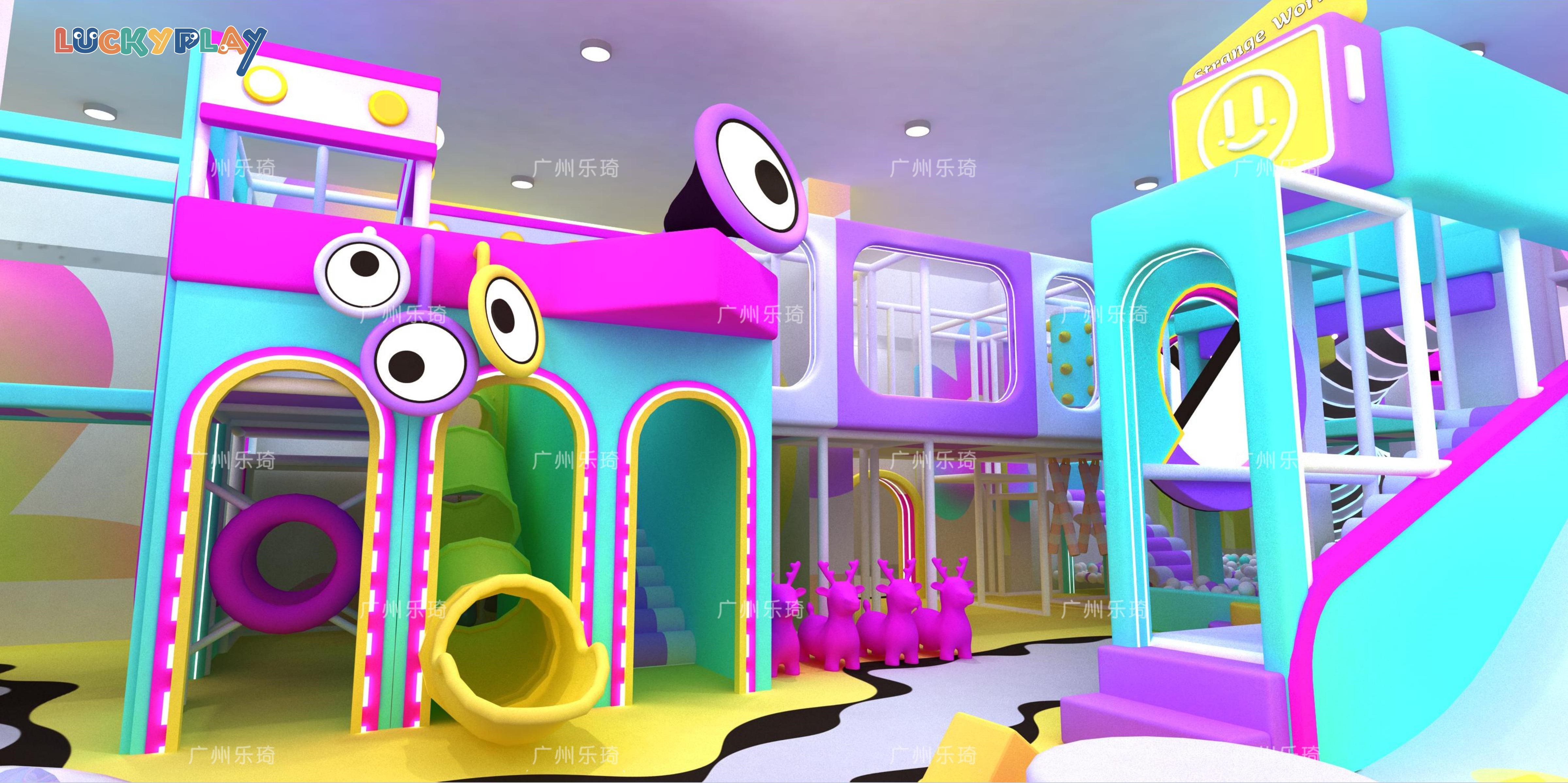 Grotesque Music Theme Indoor Playground with Rhythm Tunnels Vibrant Slides and Creative Soft Play