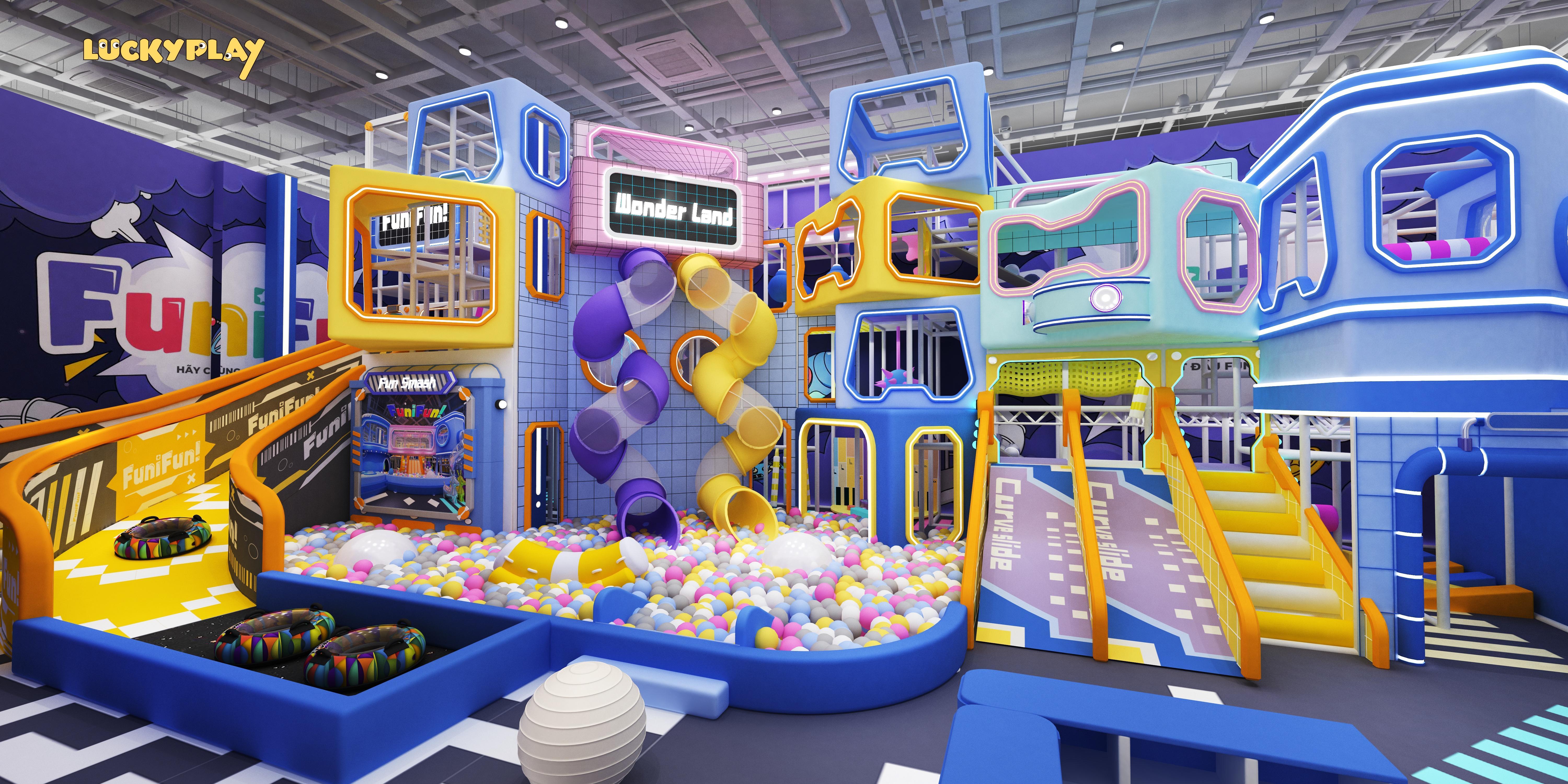 Adventure Indoor Playground with Double Spiral Slide Zipline Challenge and High Level Obstacle Zones