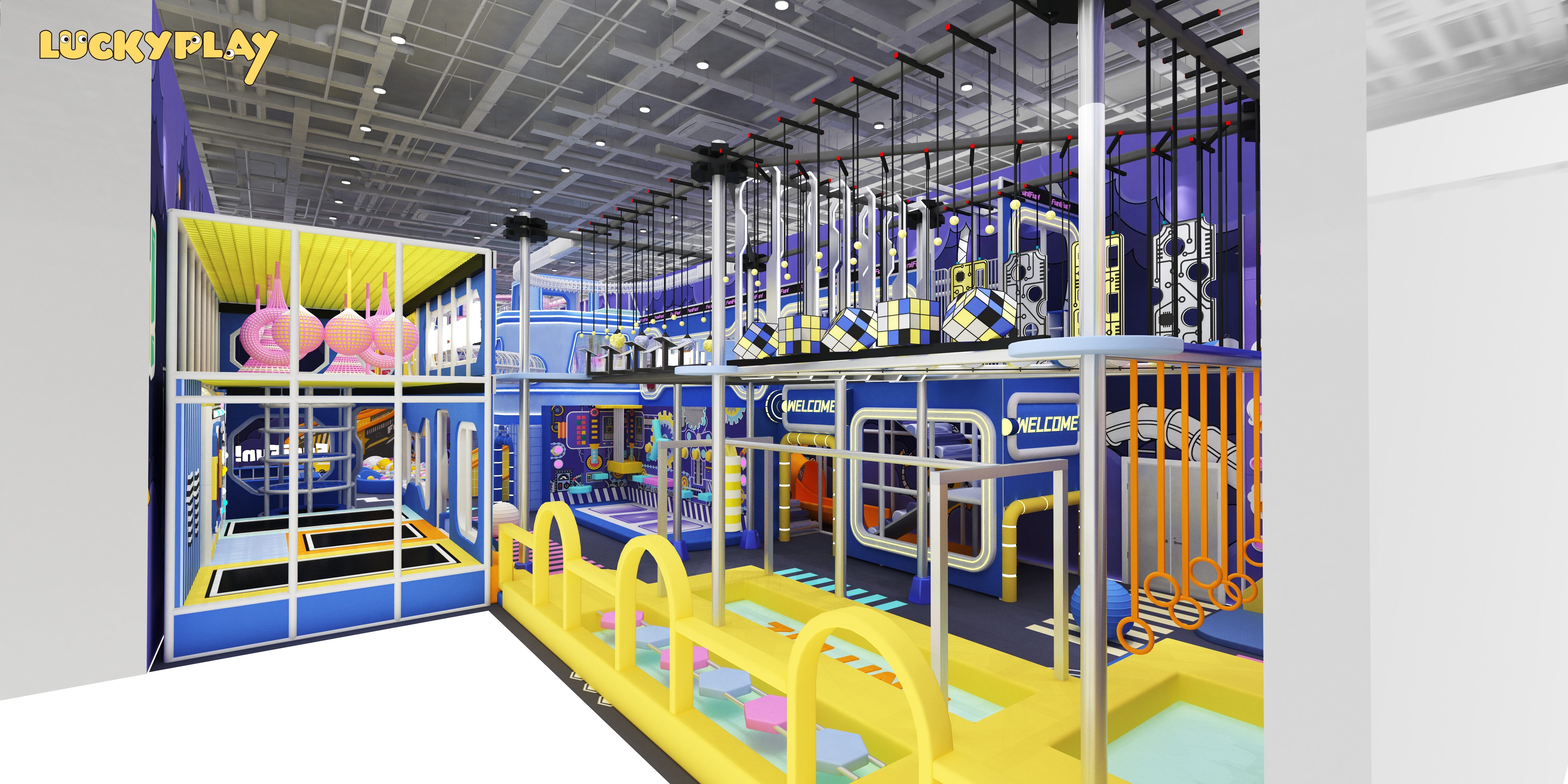 Adventure Indoor Playground with Double Spiral Slide Zipline Challenge and High Level Obstacle Zones