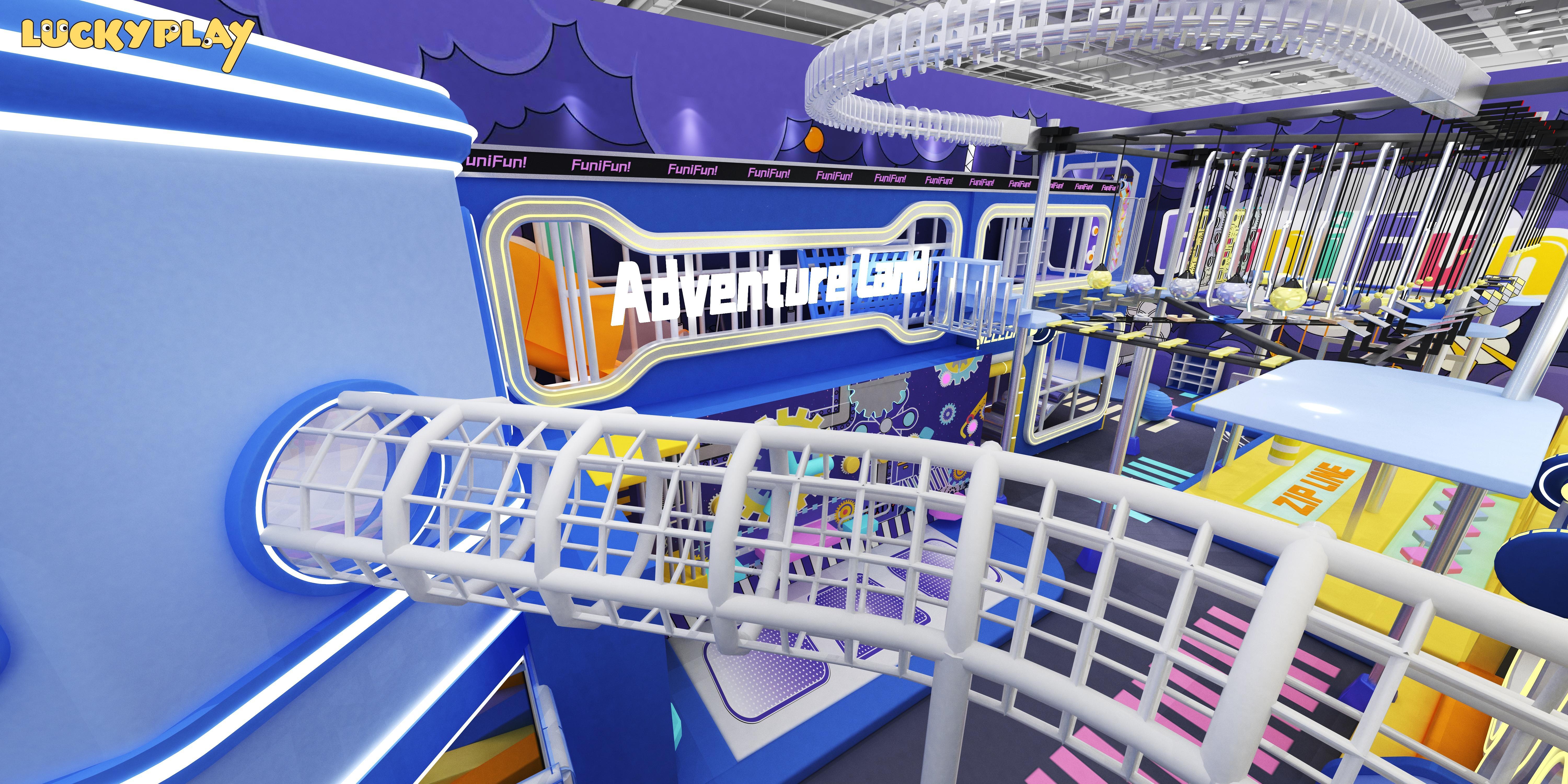 Adventure Indoor Playground with Double Spiral Slide and Rope Net Climbing Play Structure