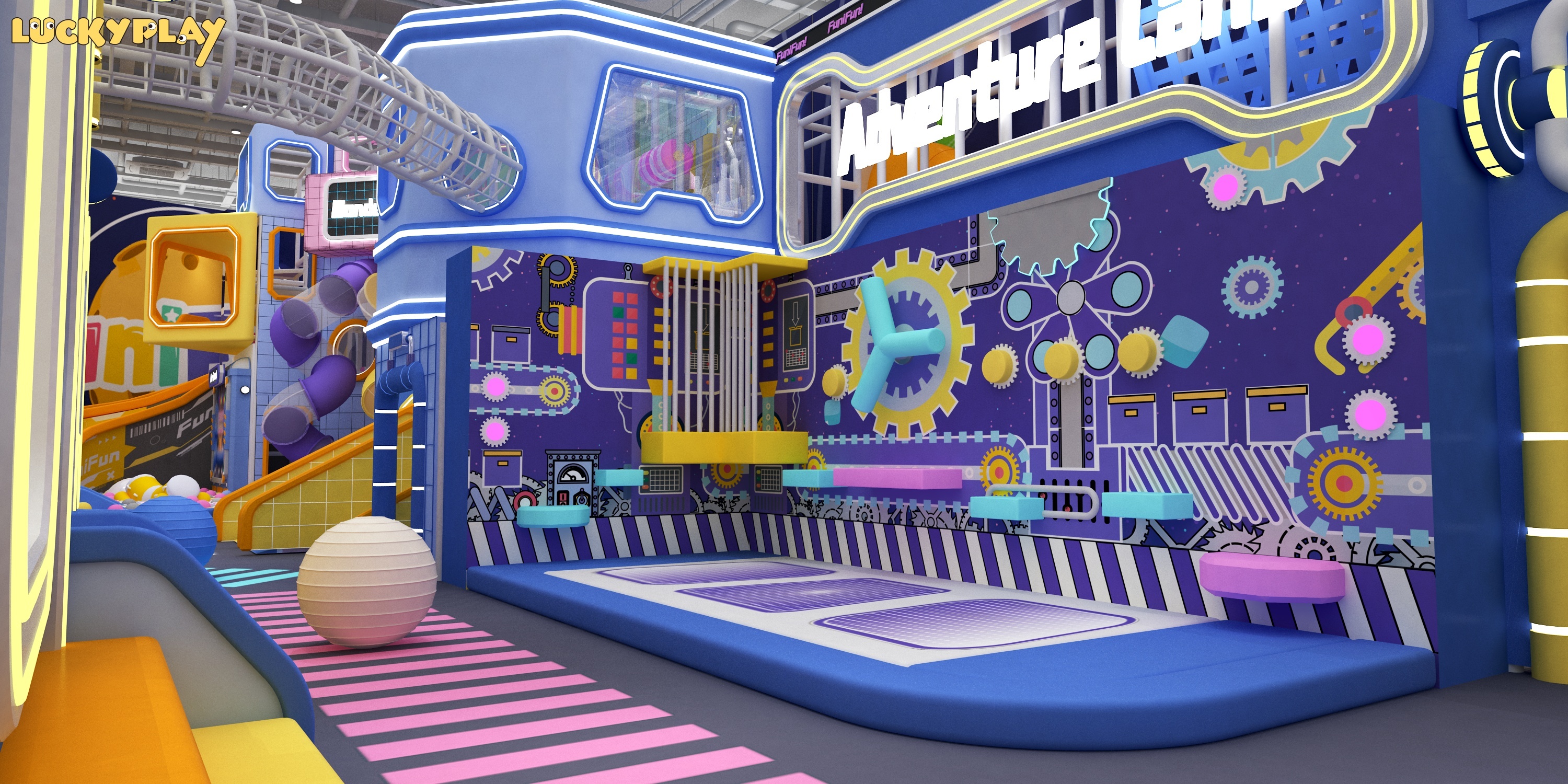 Adventure Indoor Playground with Double Spiral Slide and Rope Net Climbing Play Structure