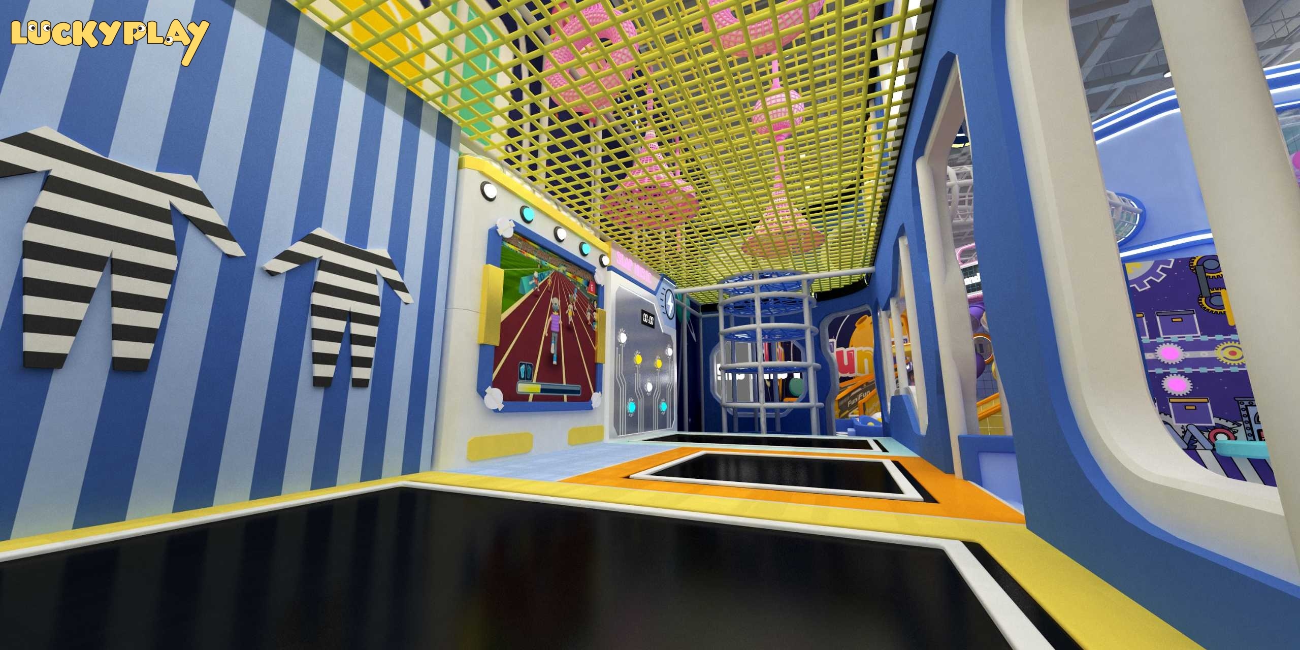 Adventure Indoor Playground with Double Spiral Slide and Rope Net Climbing Play Structure