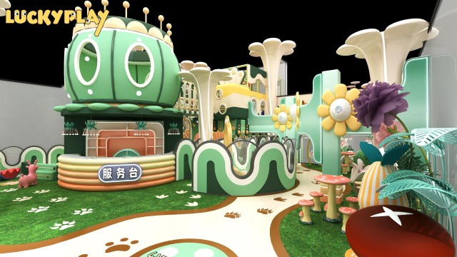 forest themed indoor playground with climbing structure