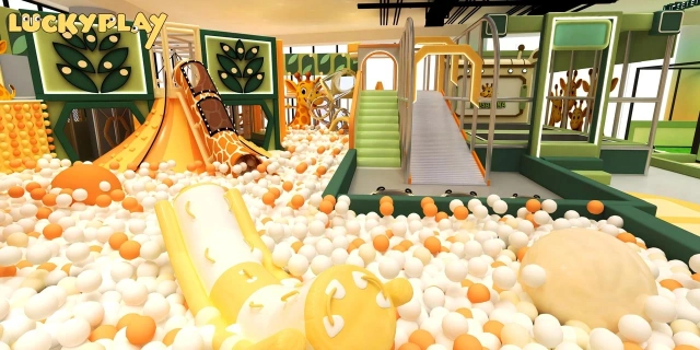 Custom giraffe slide and climbing structures in indoor playground, children playing safely
