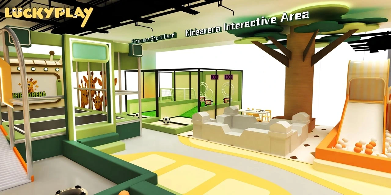 Interactive electronic play area in giraffe jungle playground