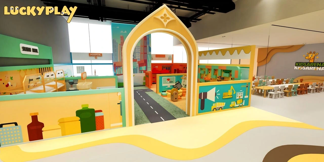 Creative workshop in giraffe-themed playground, children making crafts