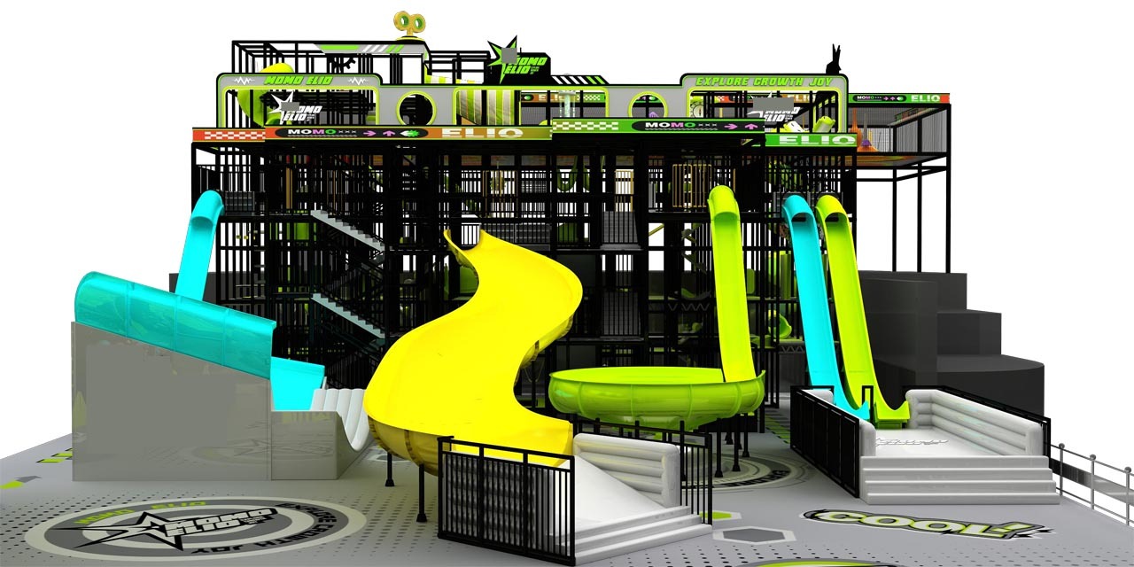 Multi-level indoor adventure playground with climbing structures and obstacle challenges