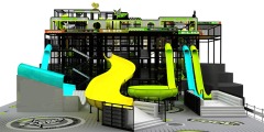 Multi-level indoor adventure playground with climbing structures and obstacle challenges