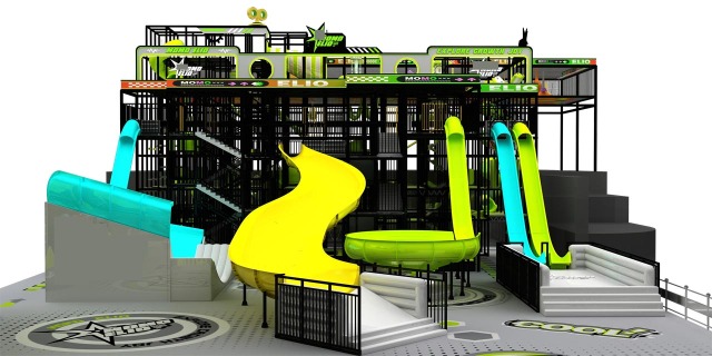 Multi-level indoor adventure playground with climbing structures and obstacle challenges