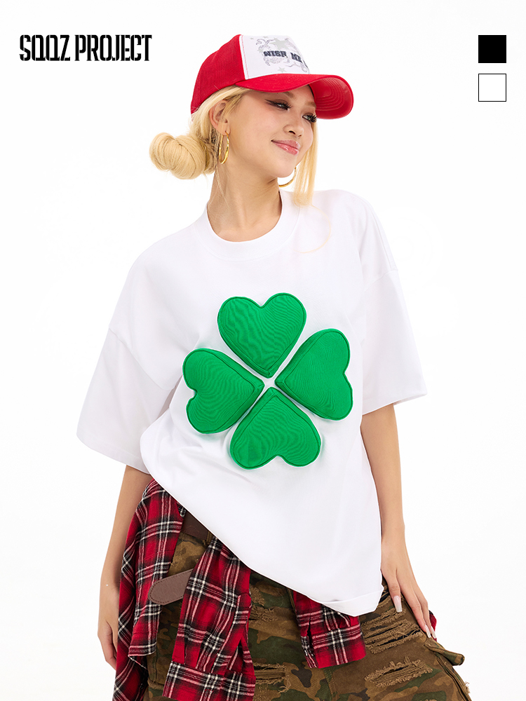 3D Clover Cotton Padding Oversized Short Sleeve T-Shirt - Couples