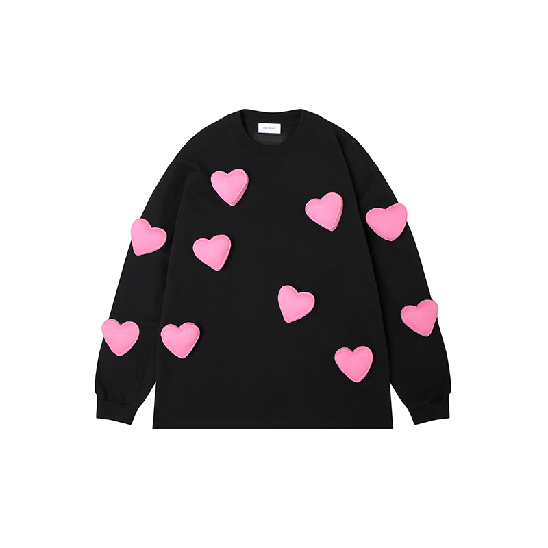 3D All-Over Hearts Cotton Padding Oversized Crewneck Long Sleeve T-Shirt - Couples