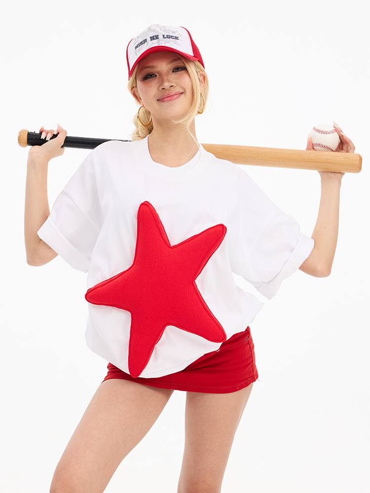 Color Block 3D Star Cotton Padding Oversized Short Sleeve T-Shirt - Unisex