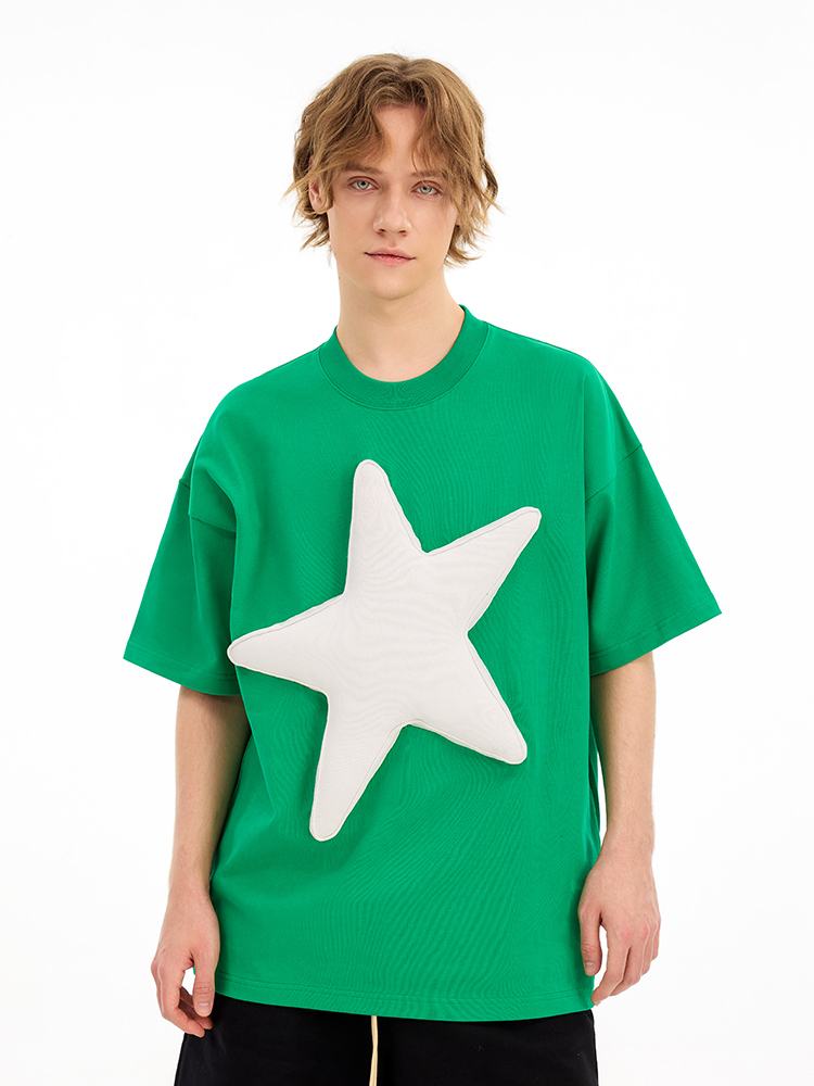 Color Block 3D Star Cotton Padding Oversized Short Sleeve T-Shirt - Unisex