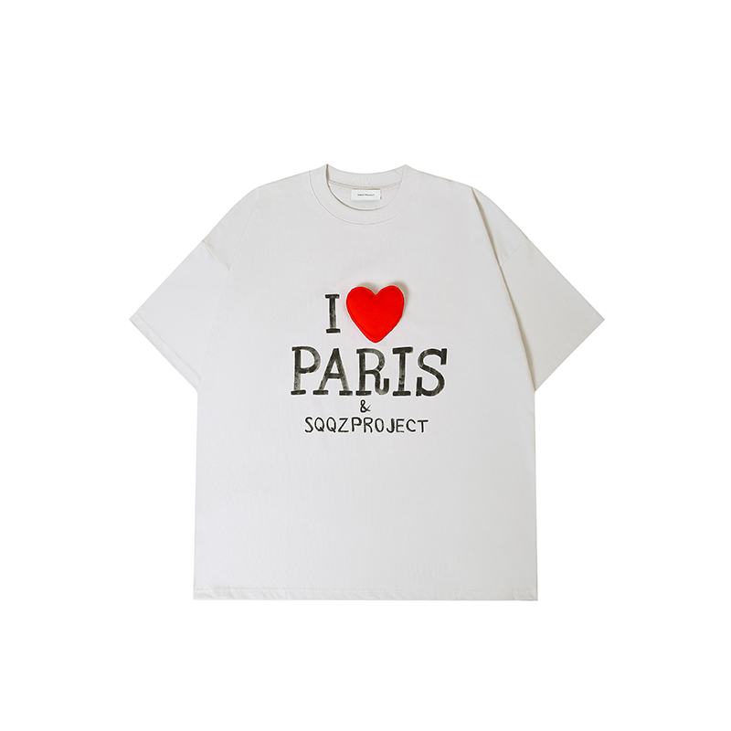 Cotton-filled 3D Raised Heart with Hand-painted Lettering Oversized Crewneck T-shirt Unisex Streetwear Top SQQZ PROJECT Original