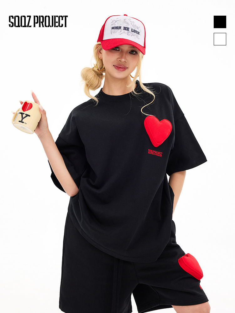 3D Hearts Cotton Padding Oversized Crewneck Short Sleeve T-Shirt - Couples
