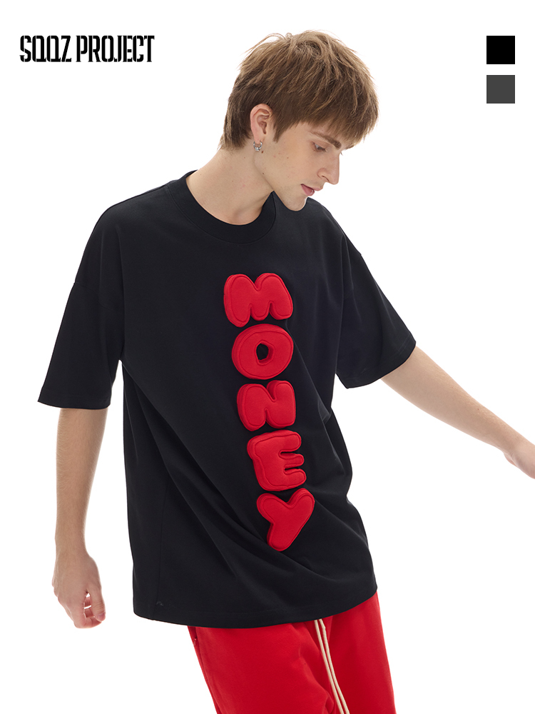 Cotton-filled 3D Raised MONEY Text T-shirt Hand-printed Design Crewneck Unisex Oversized Comfort Streetwear Top SQQZ PROJECT Original