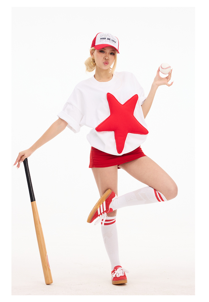 Color Block 3D Star Cotton Padding Oversized Short Sleeve T-Shirt - Unisex