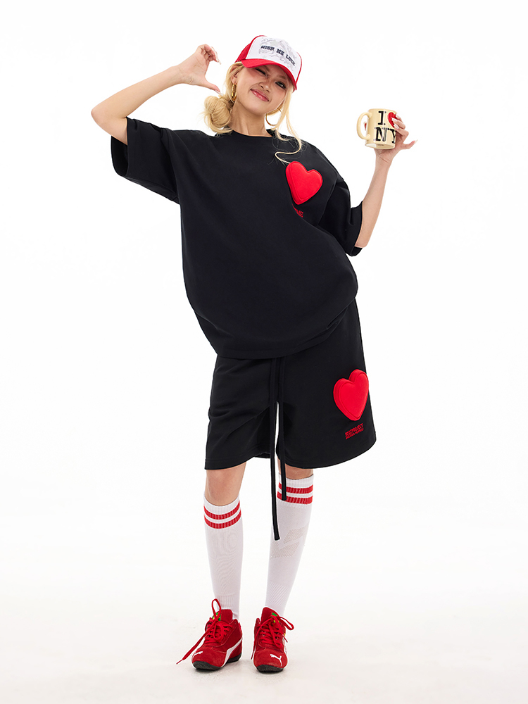 3D Hearts Cotton Padding Oversized Crewneck Short Sleeve T-Shirt - Couples