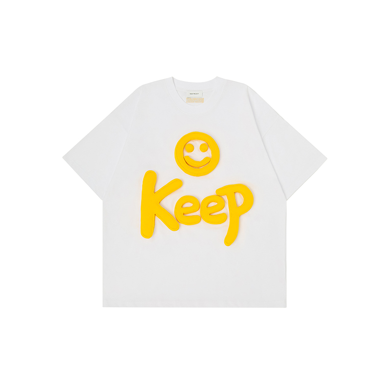 Cotton-filled 3D Raised Keep Smiley Graphic T-shirt Hand-printed Design Crewneck Unisex Oversized Comfort Streetwear Top SQQZ PROJECT Original