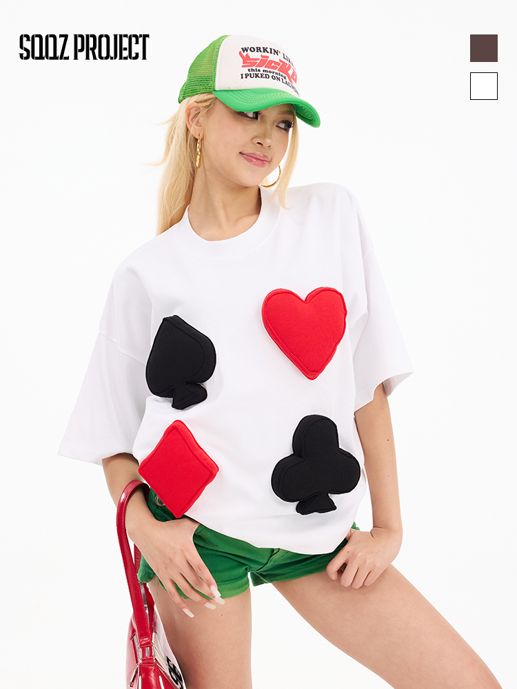 3D Poker Suits Puff Print Oversized Short Sleeve T-Shirt - Couples