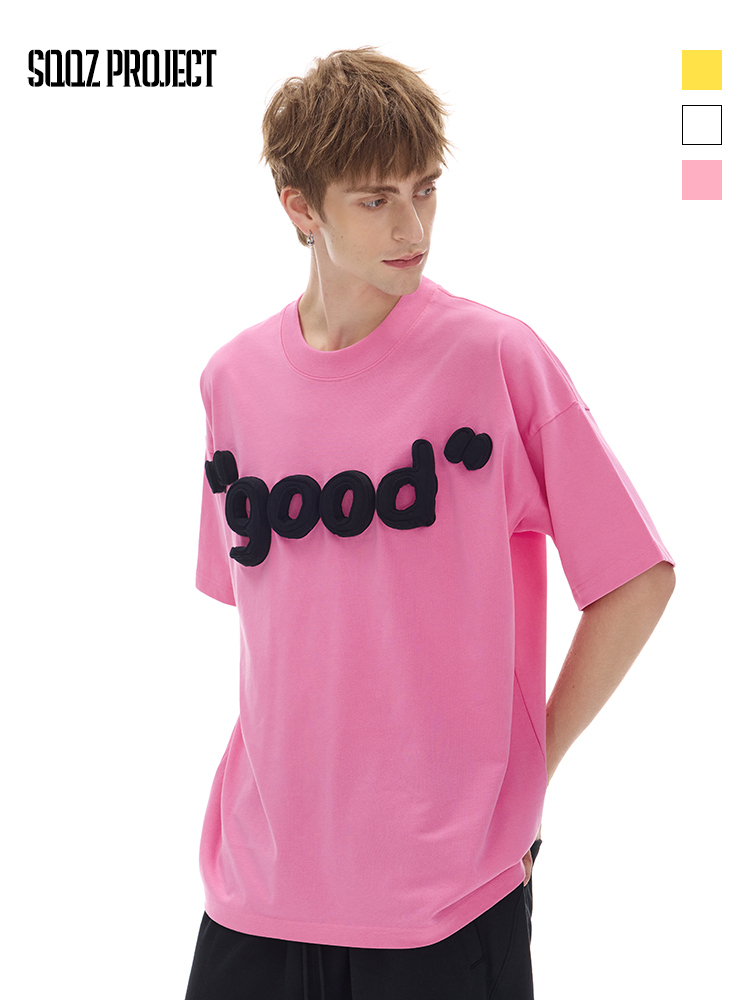 Cotton-filled 3D Raised "good" Text T-shirt Hand-printed Design Crewneck Unisex Oversized Comfort Streetwear Top SQQZ PROJECT Original