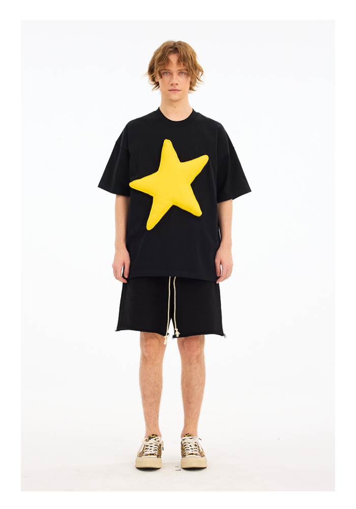 Color Block 3D Star Cotton Padding Oversized Short Sleeve T-Shirt - Unisex