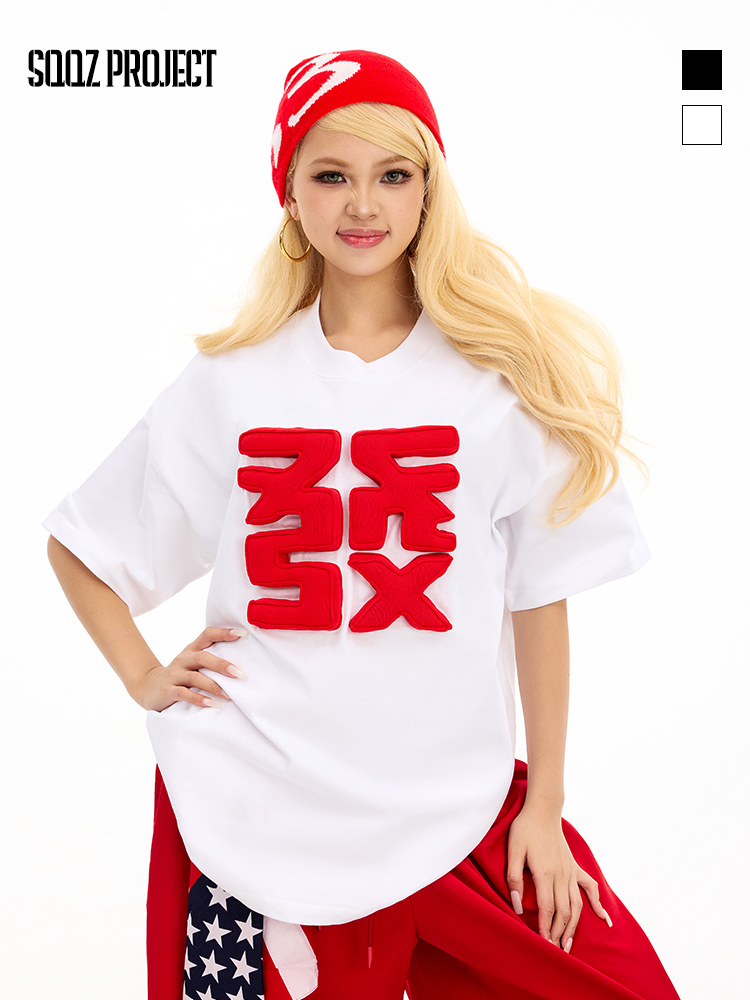 Cotton-filled 3D Raised 發 Symbol T-shirt Hand-printed Design Crewneck Unisex Oversized Comfort Streetwear Top SQQZ PROJECT Original