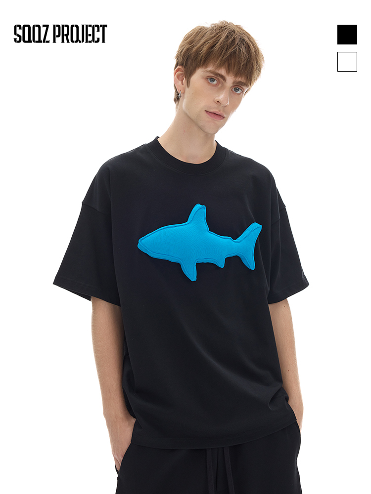 Cotton-filled 3D Raised Shark Graphic T-shirt Hand-printed Design Crewneck Unisex Oversized Comfort Streetwear Top SQQZ PROJECT Original