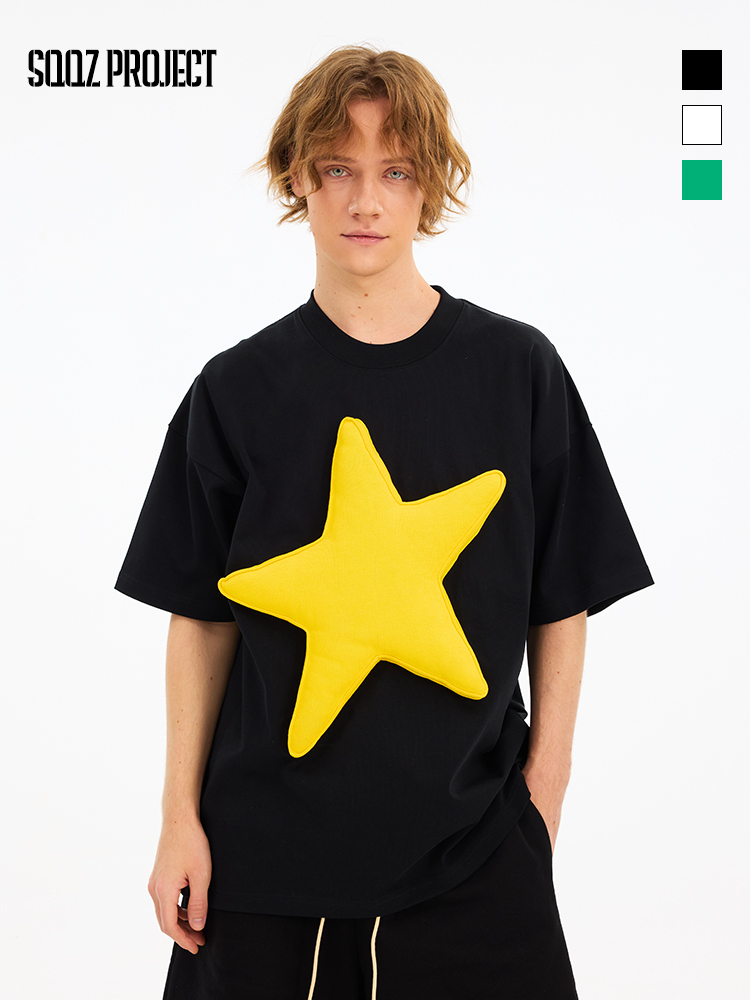 Color Block 3D Star Cotton Padding Oversized Short Sleeve T-Shirt - Unisex