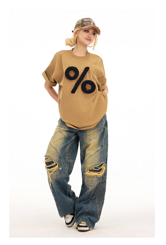 3D Percent Puff Print Oversized Crewneck Short Sleeve T-Shirt - Unisex