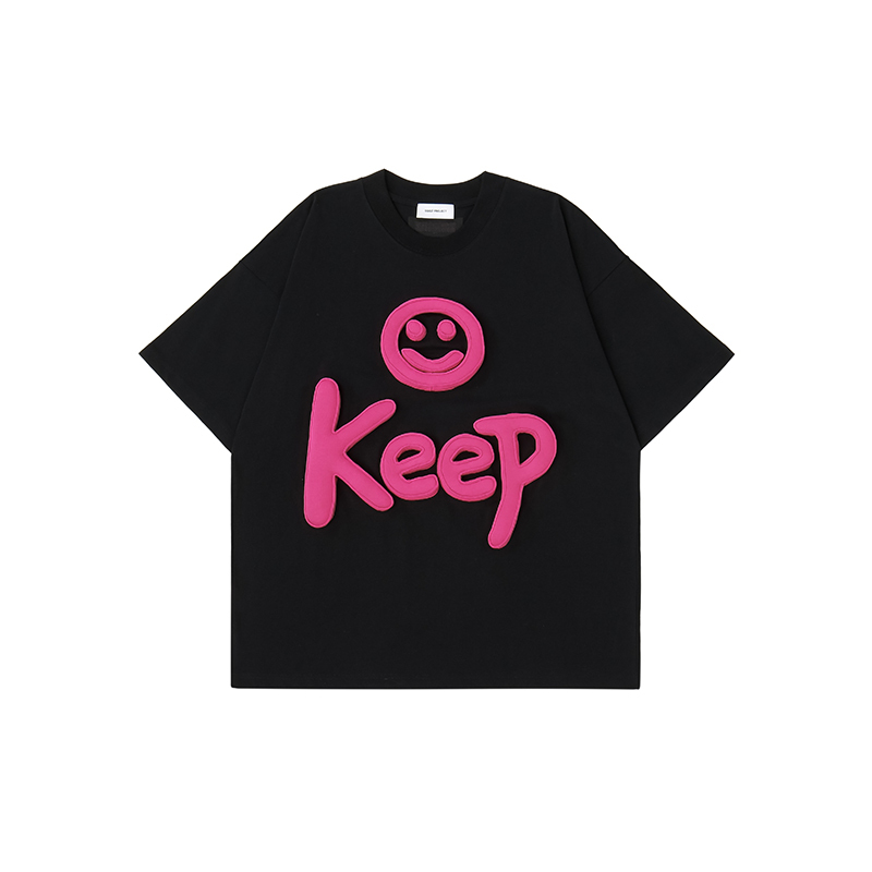 Cotton-filled 3D Raised Keep Smiley Graphic T-shirt Hand-printed Design Crewneck Unisex Oversized Comfort Streetwear Top SQQZ PROJECT Original