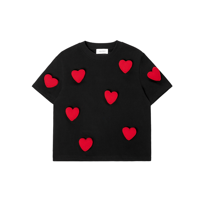 Cotton-filled 3D Allover Hearts Graphic T-shirt Hand-printed Design Crewneck Kids Oversized Comfort Playwear Top SQQZ PROJECT Original