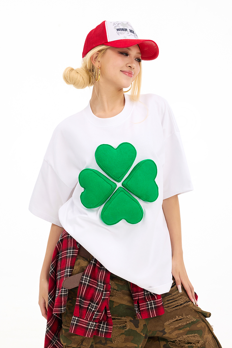 3D Clover Cotton Padding Oversized Short Sleeve T-Shirt - Couples