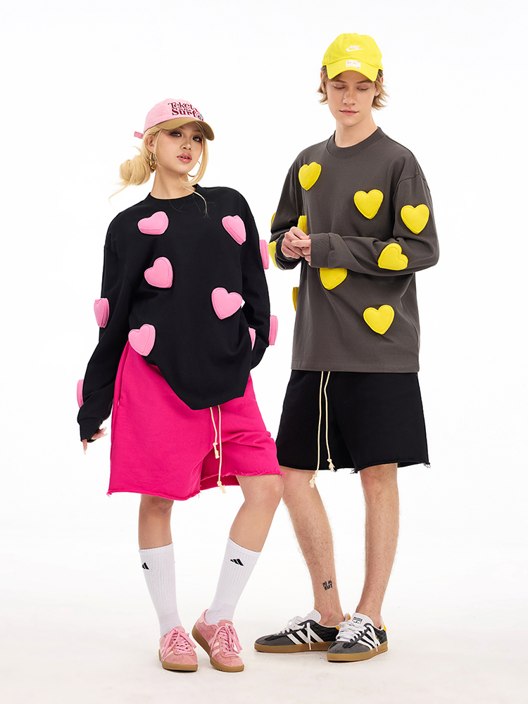 3D All-Over Hearts Cotton Padding Oversized Crewneck Long Sleeve T-Shirt - Couples