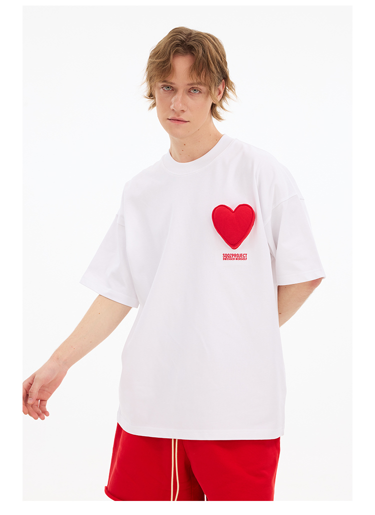 3D Hearts Cotton Padding Oversized Crewneck Short Sleeve T-Shirt - Couples