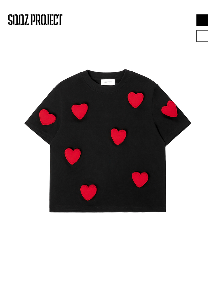 Cotton-filled 3D Allover Hearts Graphic T-shirt Hand-printed Design Crewneck Kids Oversized Comfort Playwear Top SQQZ PROJECT Original