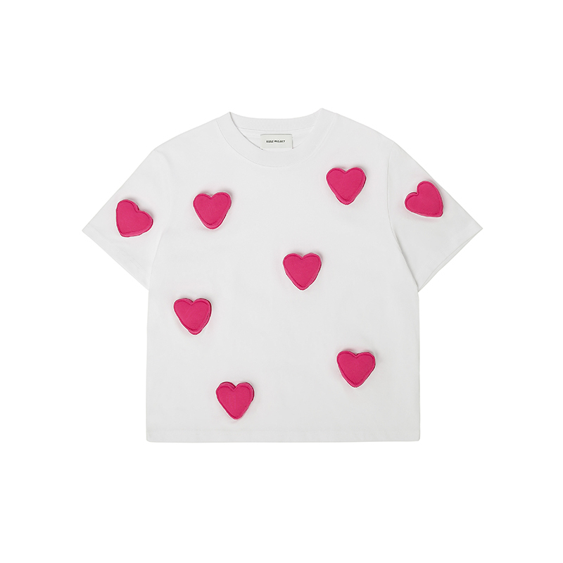 Cotton-filled 3D Allover Hearts Graphic T-shirt Hand-printed Design Crewneck Kids Oversized Comfort Playwear Top SQQZ PROJECT Original