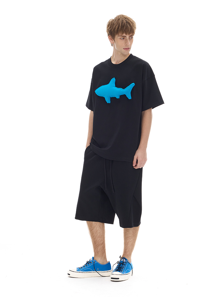 Cotton-filled 3D Raised Shark Graphic T-shirt Hand-printed Design Crewneck Unisex Oversized Comfort Streetwear Top SQQZ PROJECT Original