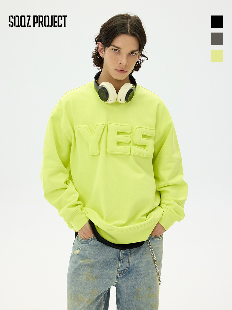 Cotton-filled 3D Raised YES Lettering Crewsweatshirt Bold Typography Oversized Fit Couples Matching Streetwear SQQZ PROJECT Original