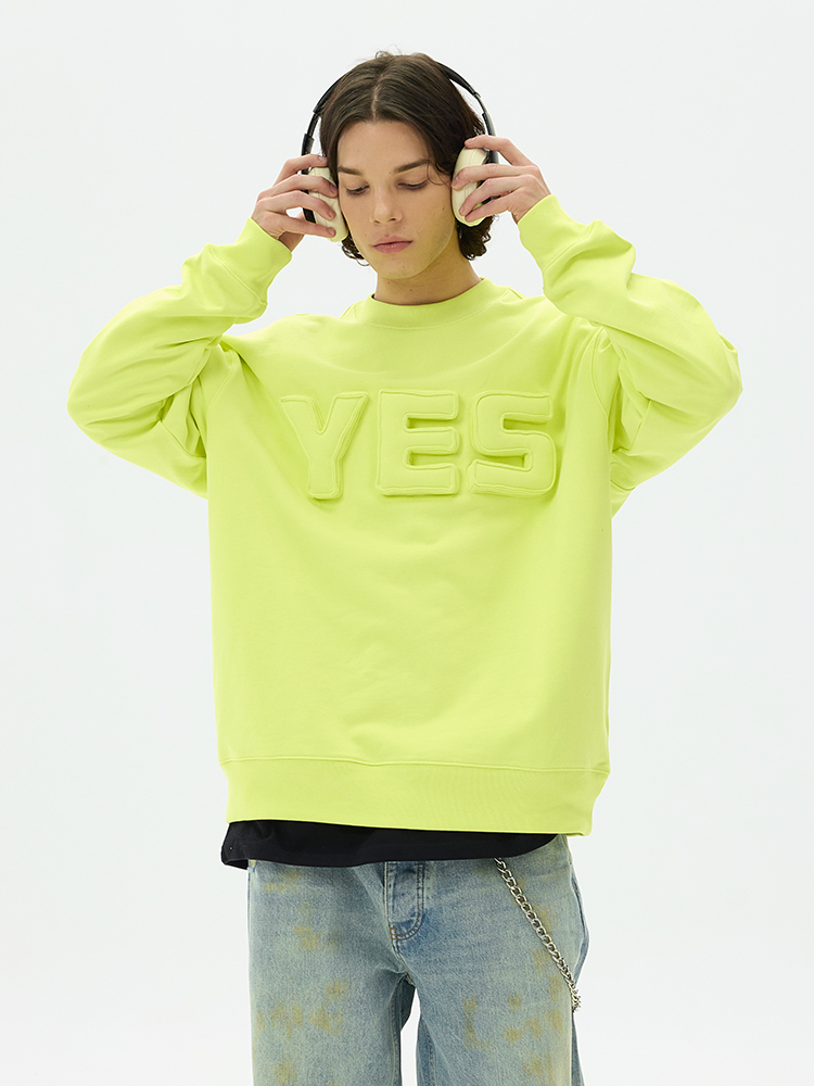 Cotton-filled 3D Raised YES Lettering Crewsweatshirt Bold Typography Oversized Fit Couples Matching Streetwear SQQZ PROJECT Original