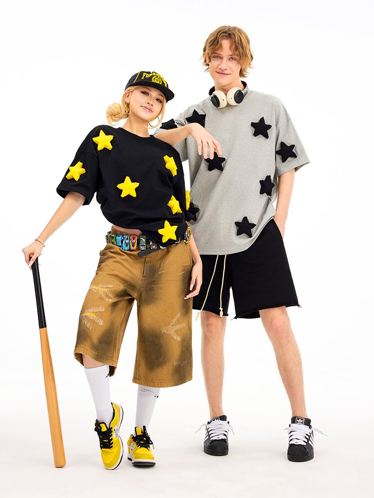3D Stars Pattern Cotton Padding Oversized Short Sleeve T-Shirt - Couples