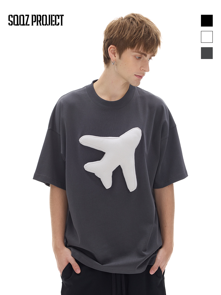 Cotton-filled 3D Airplane Graphic T-shirt 300GSM Heavyweight Fabric Oversized Crewneck Unisex Couples Matching Streetwear SQQZ PROJECT New Arrival