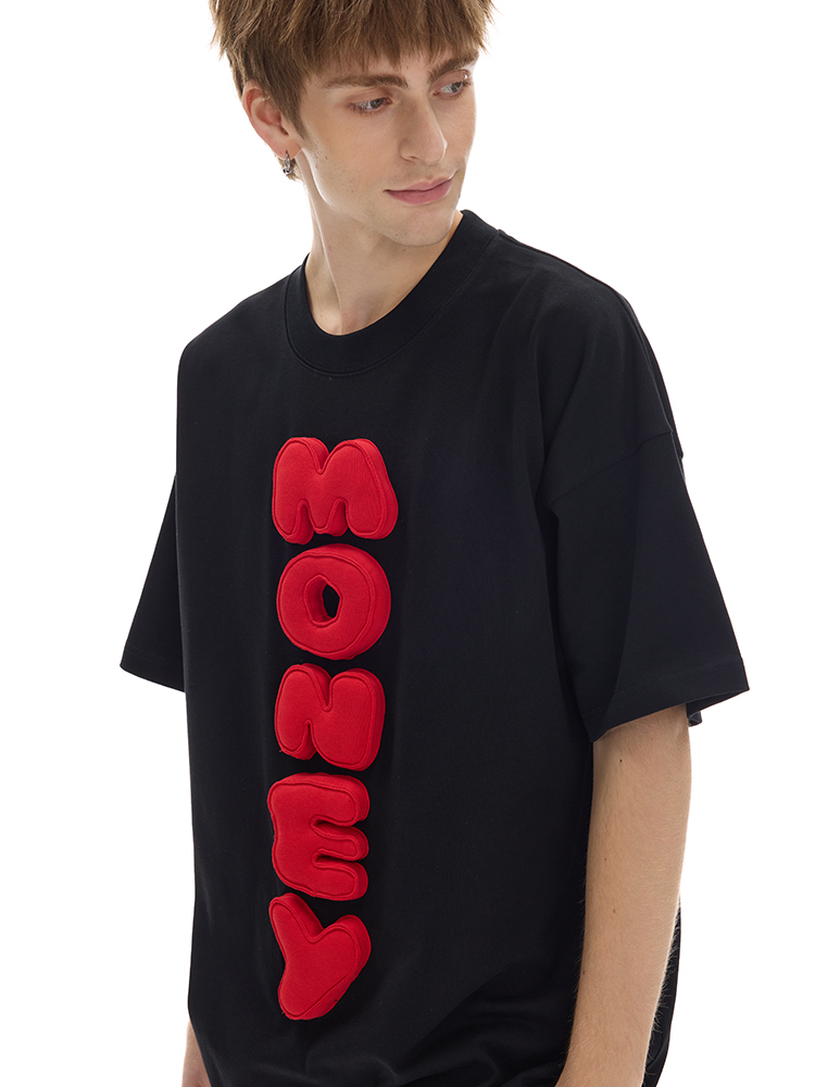 Cotton-filled 3D Raised MONEY Text T-shirt Hand-printed Design Crewneck Unisex Oversized Comfort Streetwear Top SQQZ PROJECT Original