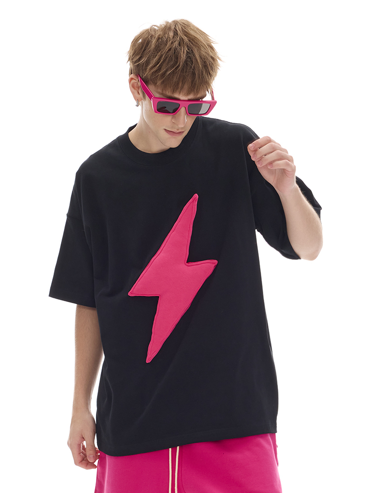 Cotton-filled 3D Raised Lightning Graphic T-shirt Hand-printed Design Crewneck Unisex Oversized Comfort Streetwear Top SQQZ PROJECT Original