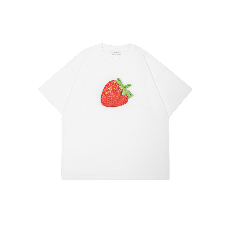 3D Strawberry Cotton Padding Oversized Crewneck Short Sleeve T-Shirt - Couples