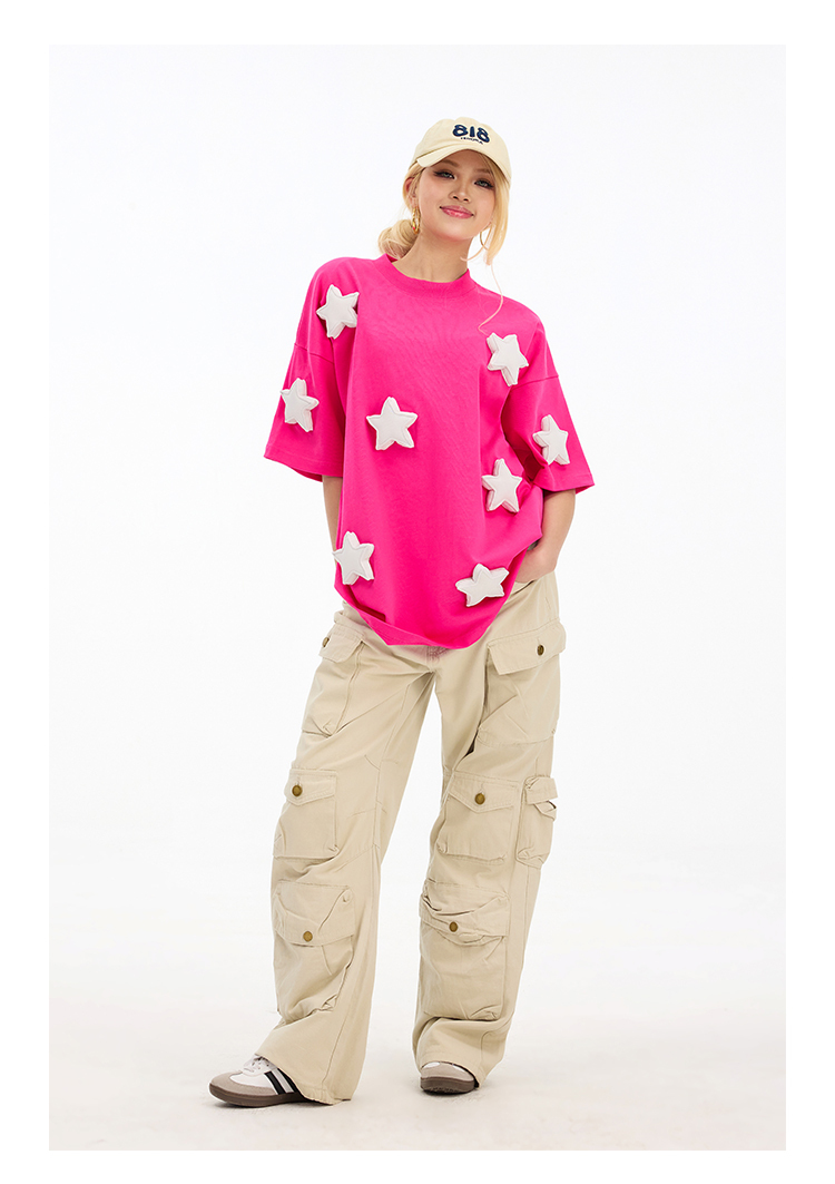 3D Stars Pattern Cotton Padding Oversized Short Sleeve T-Shirt - Couples
