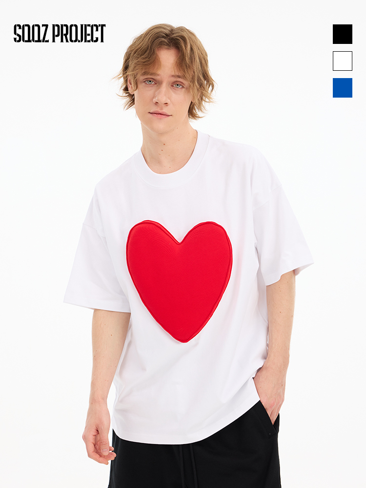Cotton-filled 3D Raised Big Heart T-shirt Hand-printed Design Crewneck Unisex Oversized Comfort Streetwear Top SQQZ PROJECT Original