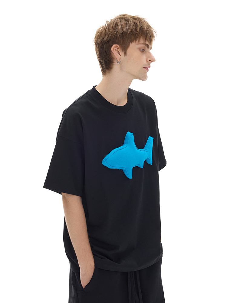Cotton-filled 3D Raised Shark Graphic T-shirt Hand-printed Design Crewneck Unisex Oversized Comfort Streetwear Top SQQZ PROJECT Original